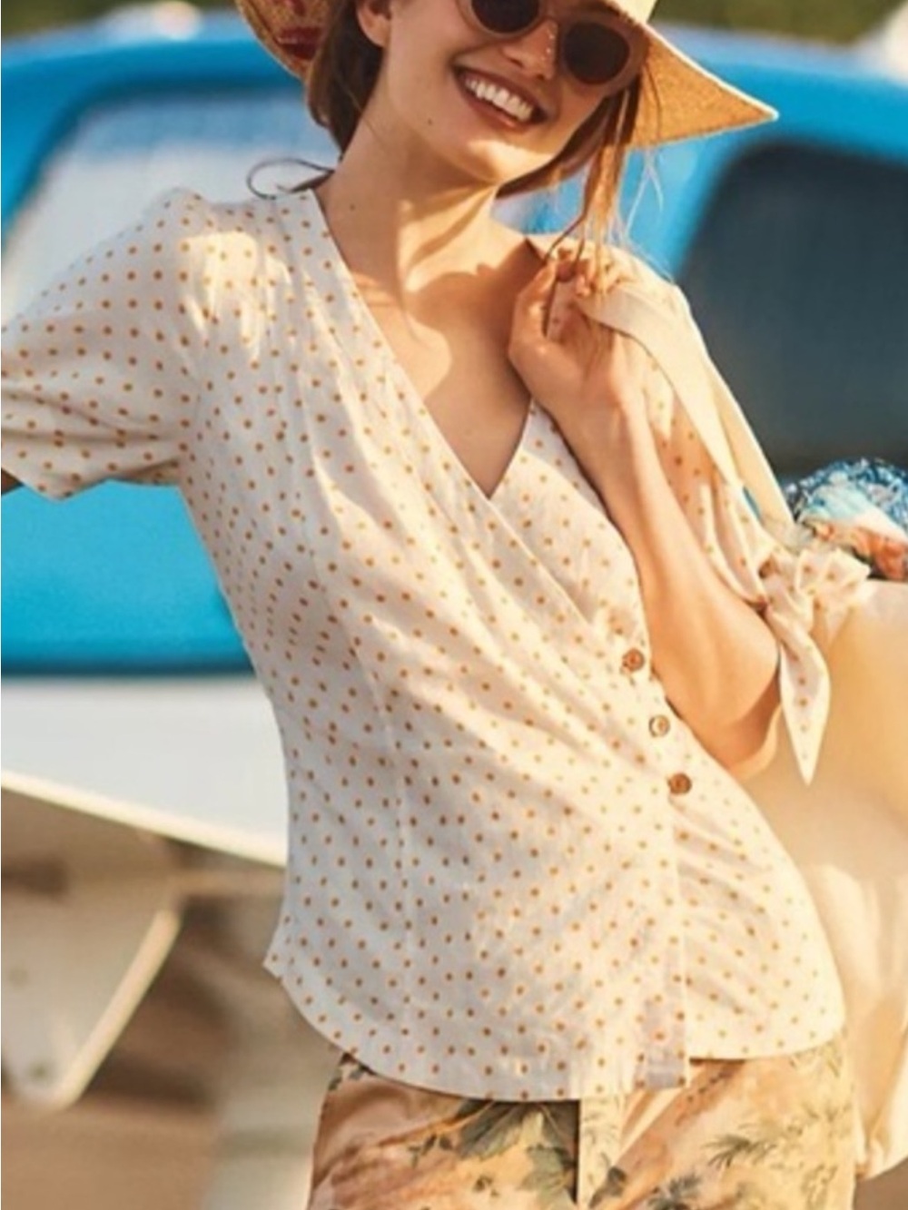Maeve Cream Wrap Blouse with Tan Polka Dots